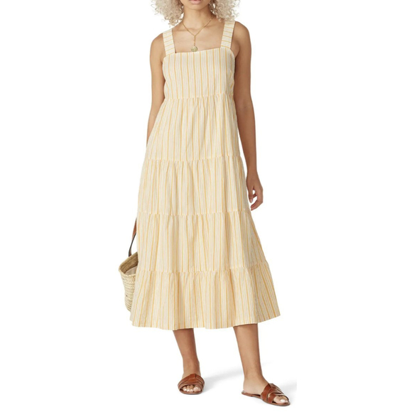 MADEWELL Striped Button-Back Tiered Midi Yellow Dress - Picture 1 of 9